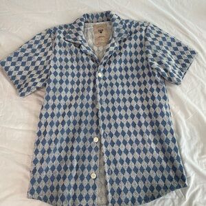 OAS Blue and White Casual Button Down Shirt with Diamond Pattern